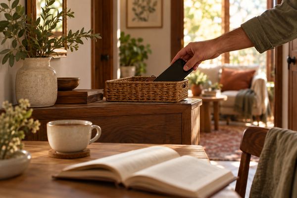 Рука кладёт смартфон в плетёную корзинку, на столе чай и раскрытая книга