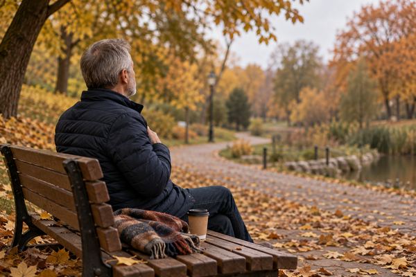 Мужчина на скамейке в осеннем парке медленно выдыхает, положив руку на грудь