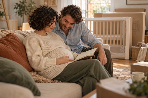 Будущие родители сидят на диване и составляют список имён в блокноте