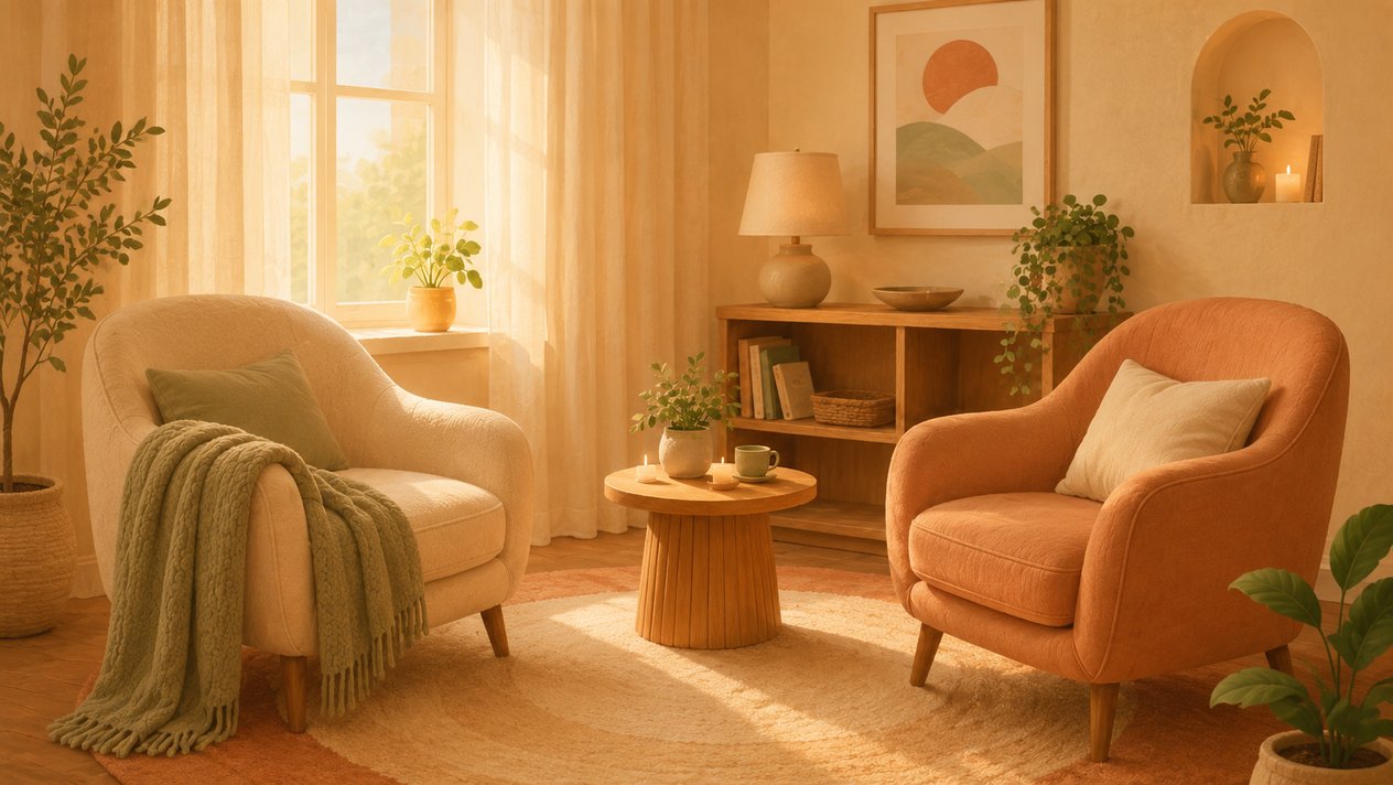 Спокойная комната для консультаций с мягким светом — пространство для разговора об апатии
